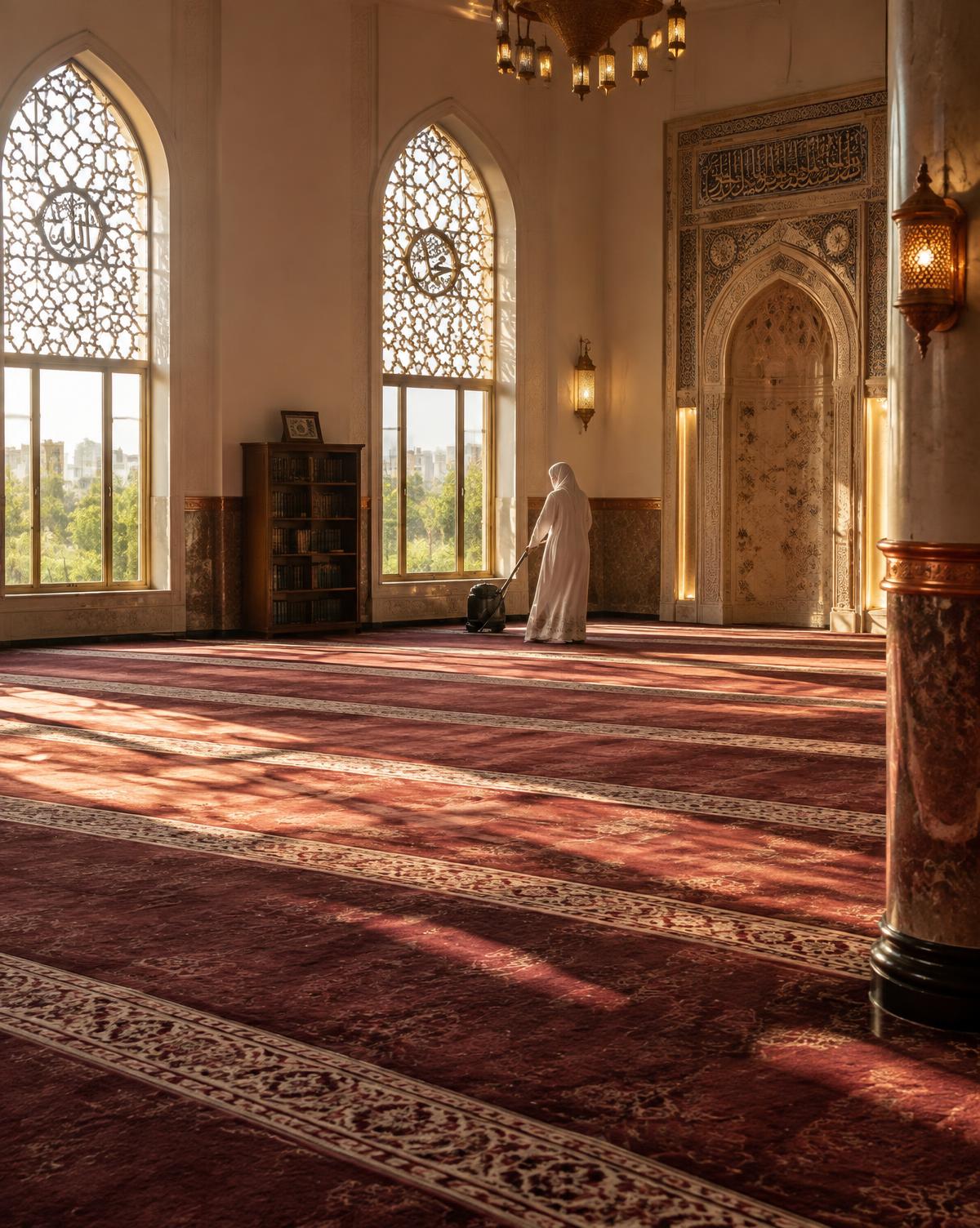 A Muslim woman seen from behind cleaning a sunlit prayer hall