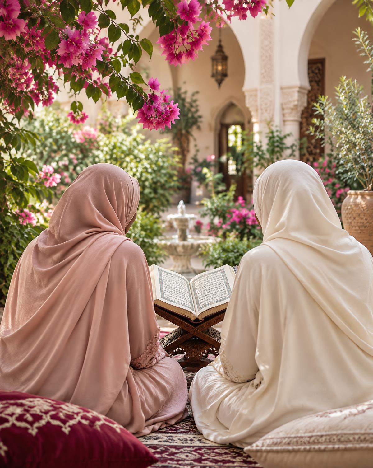 Two Muslim women seen from behind reading Quran in a flowering courtyard