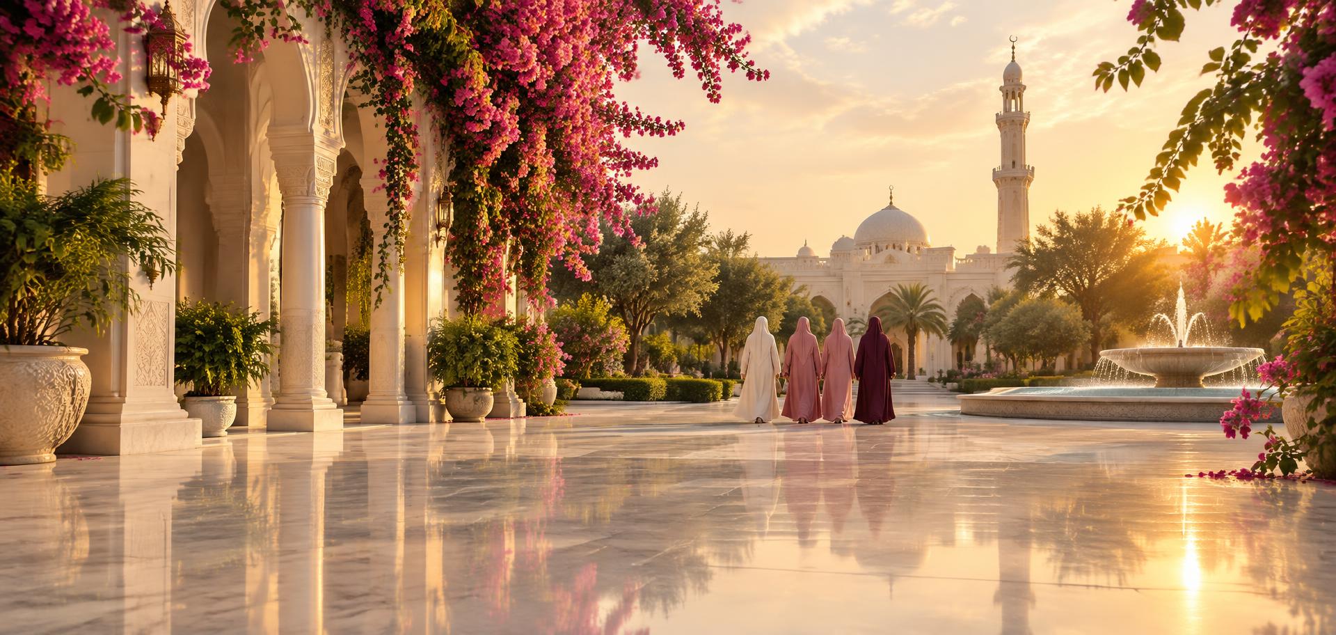 Muslim women seen from behind walking through a flowering mosque courtyard at golden hour