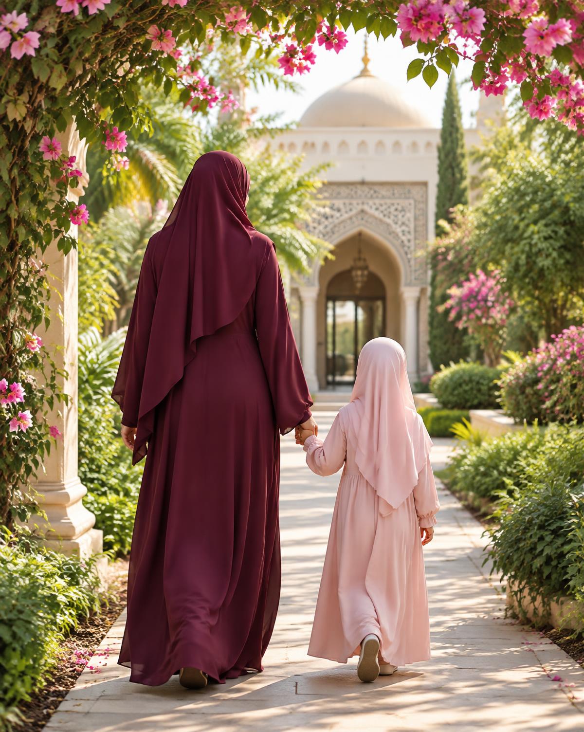 A Muslim mother and daughter seen from behind walking through a flowering garden